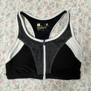 Xersion Sports Bra Small Black Gray White, Zipper, Removable Pads - EUC